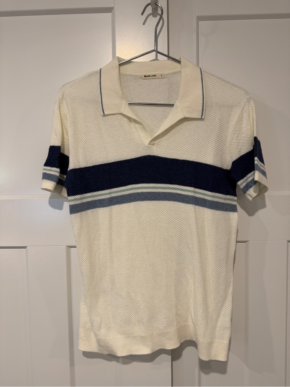 Marine Layer Johnny Collar White Polo Shirt with Navy Stripe